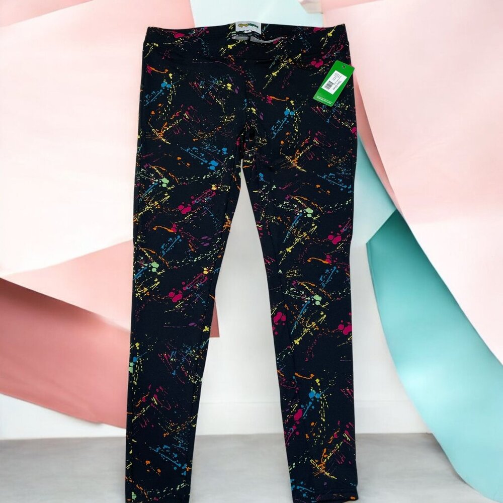 Tipsy Elves Splatter Leggings‎ XL Black Multicolor Print Athleisure Gym Festival